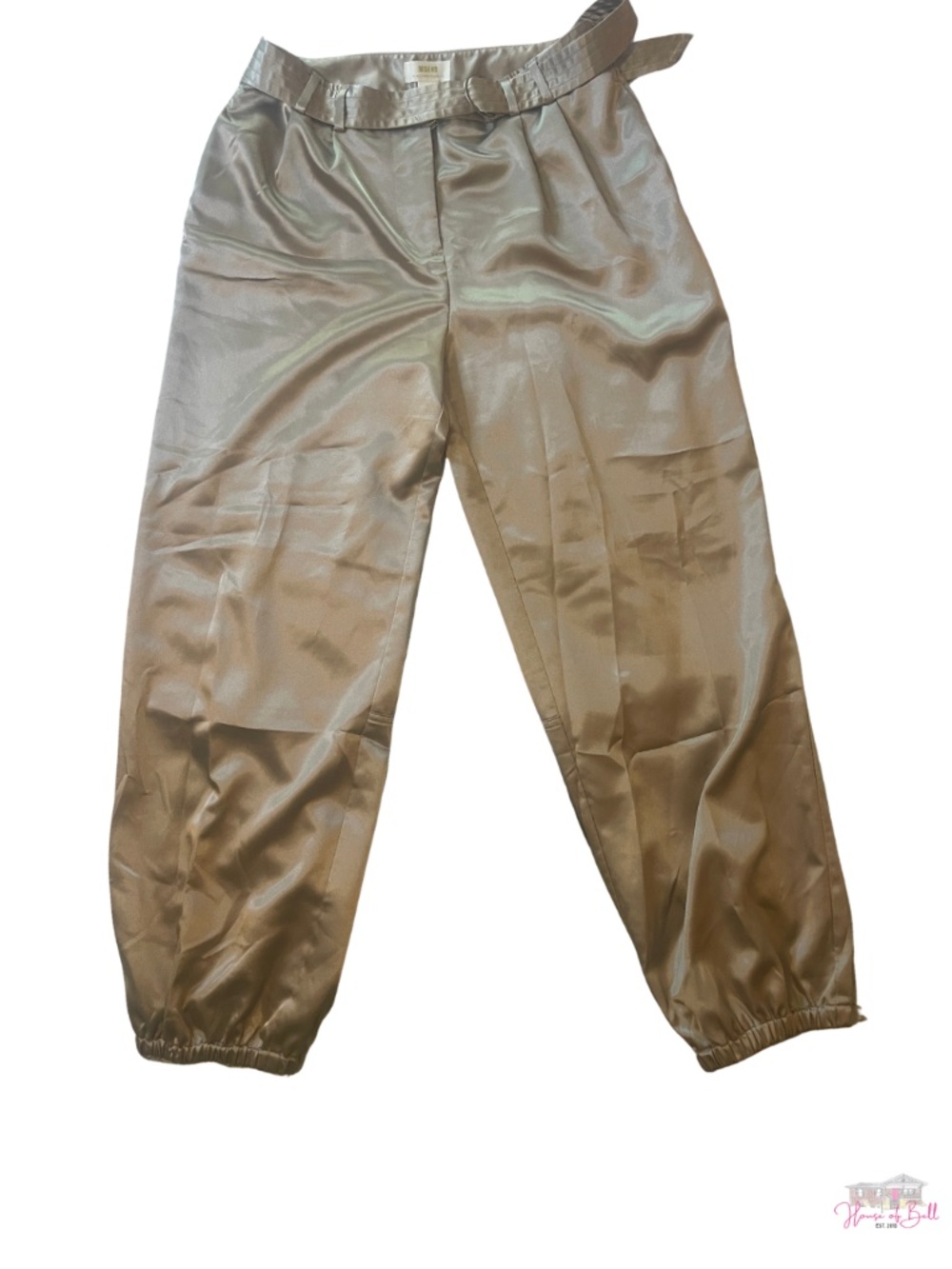 Maeve by Anthropologie Belted Satin Jogger Pants Silver Champagne 4